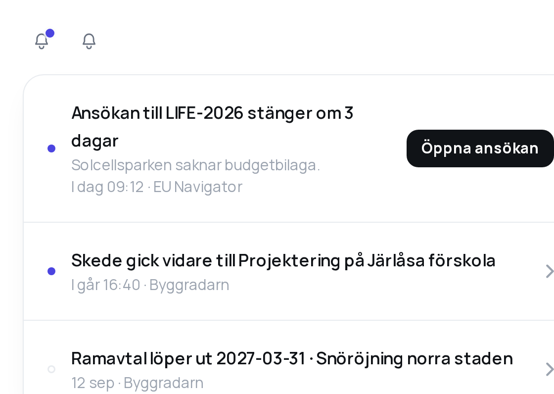 A bell with unread notices, and three notification rows